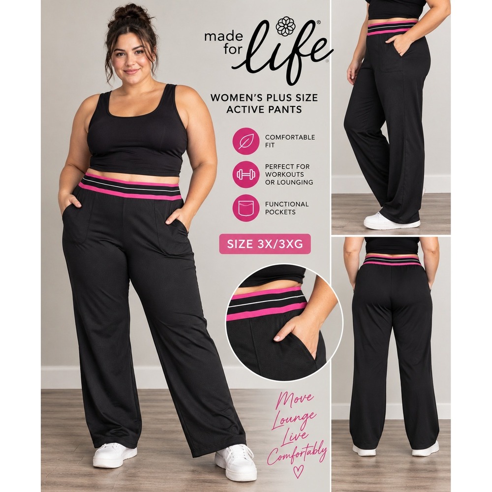 Made for Life Womens Plus Size 3X Active Pants Black Pink Stripe Wide Leg Pocket
